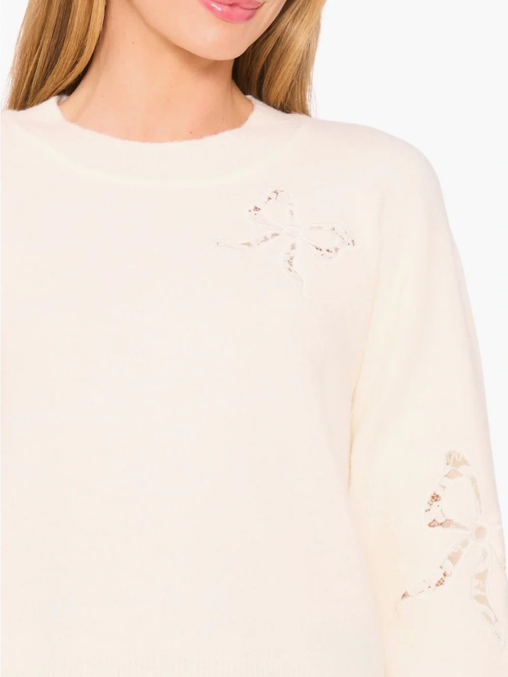 CeCe Lace Bow Inset Sweater in Buttercream Size X-Large NWT